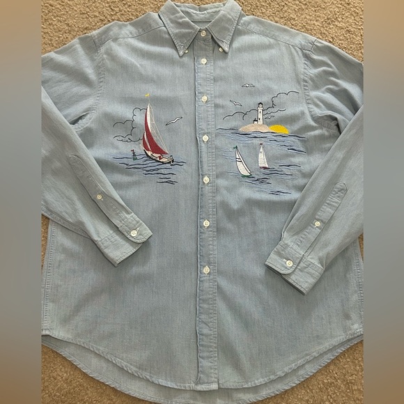 Vintage Ruff Hewn Women’s Medium Denim Embroidered Nautical Blouse - Picture 7 of 7